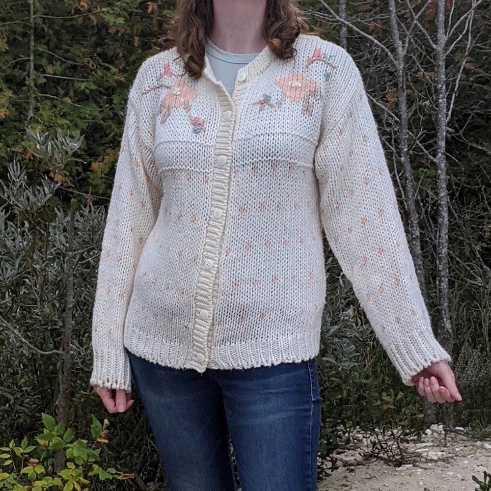 Vintage Chunky Knit Cardigan Sweater Medium Sugar Co. Ltd. Pastel Floral